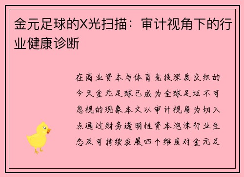 金元足球的X光扫描：审计视角下的行业健康诊断