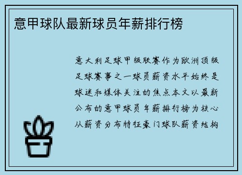 意甲球队最新球员年薪排行榜